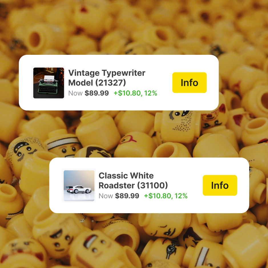 Set cards with current price and green price-change badges